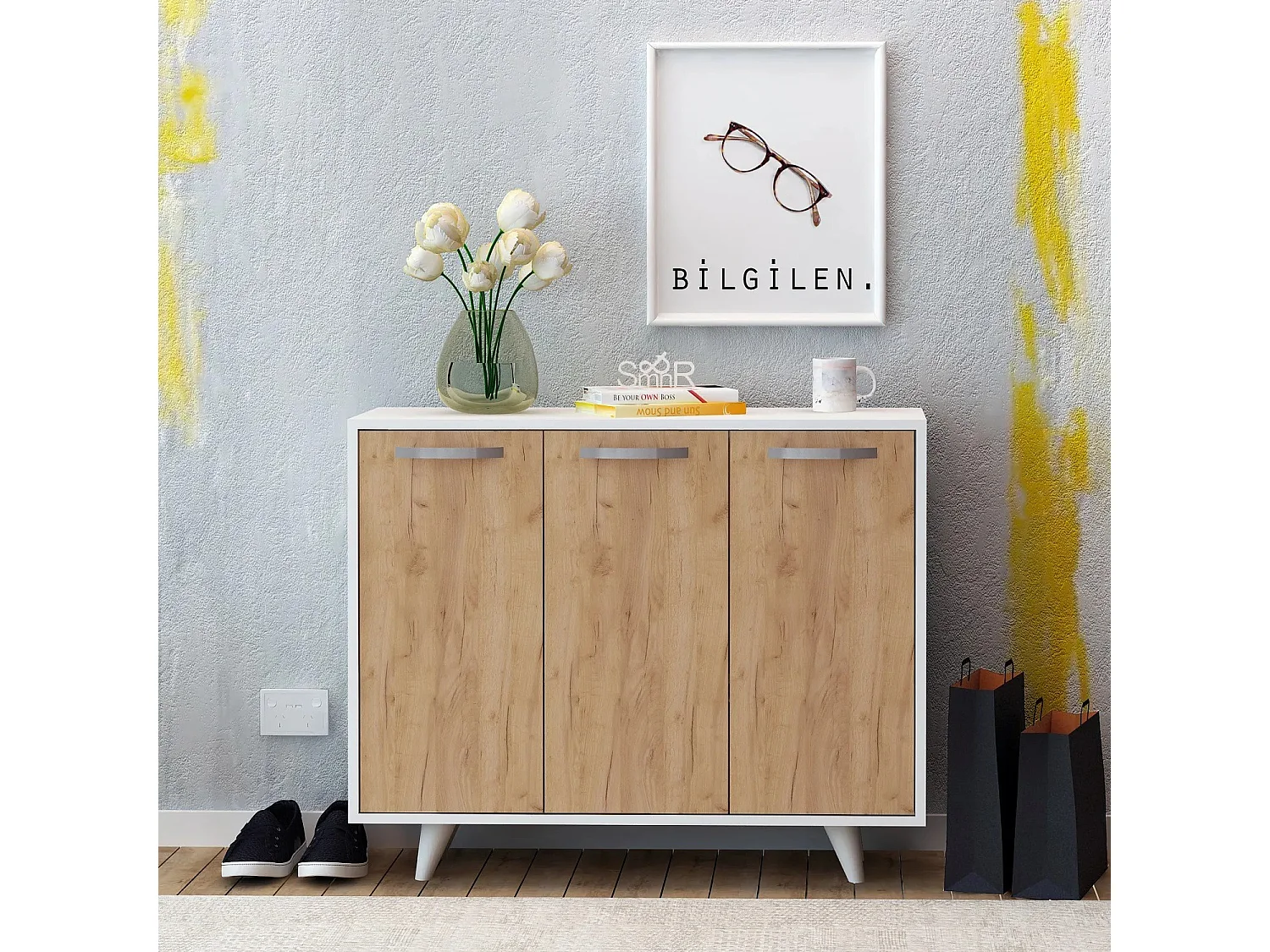 Petit buffet moderne blanc et chêne clair 3 portes Fabio 100cm