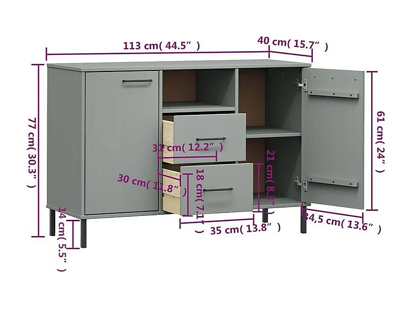 Buffet avec pieds en métal Gris 113x40x77 Bois massif OSLO