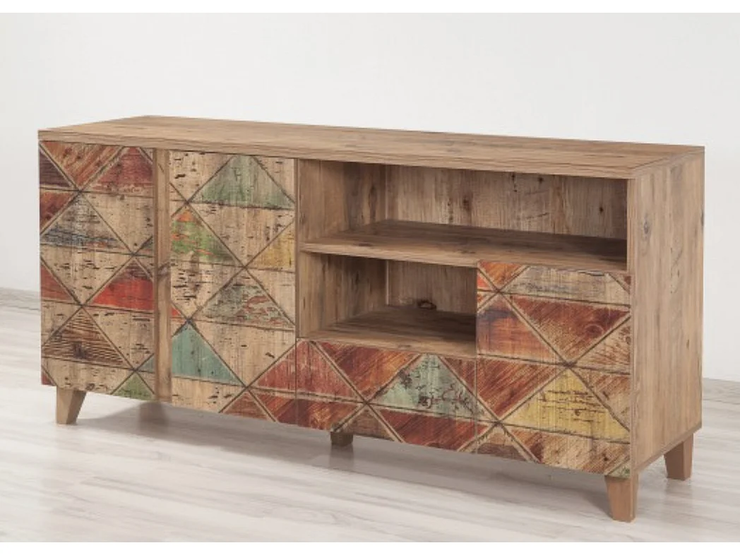 Buffet patchwork bois marron clair avec motifs colorés Mastra 160cm