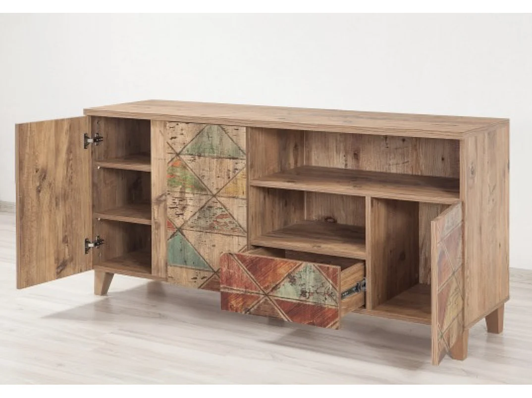 Buffet patchwork bois marron clair avec motifs colorés Mastra 160cm