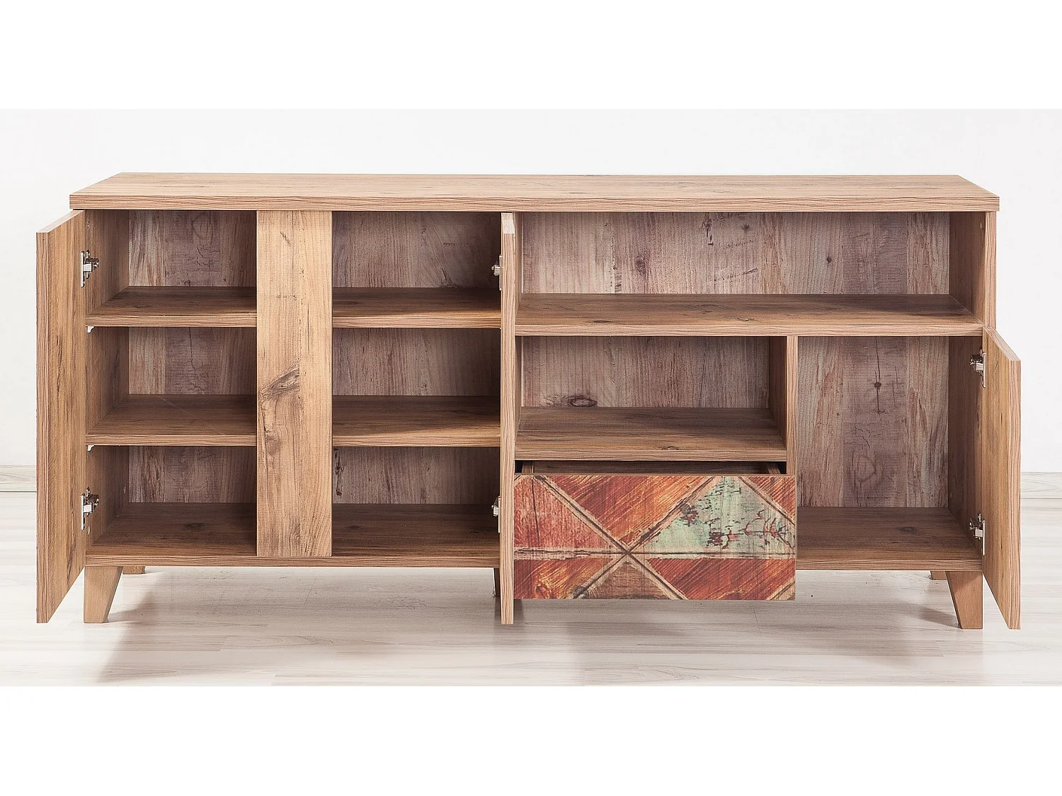 Buffet patchwork bois marron clair avec motifs colorés Mastra 160cm