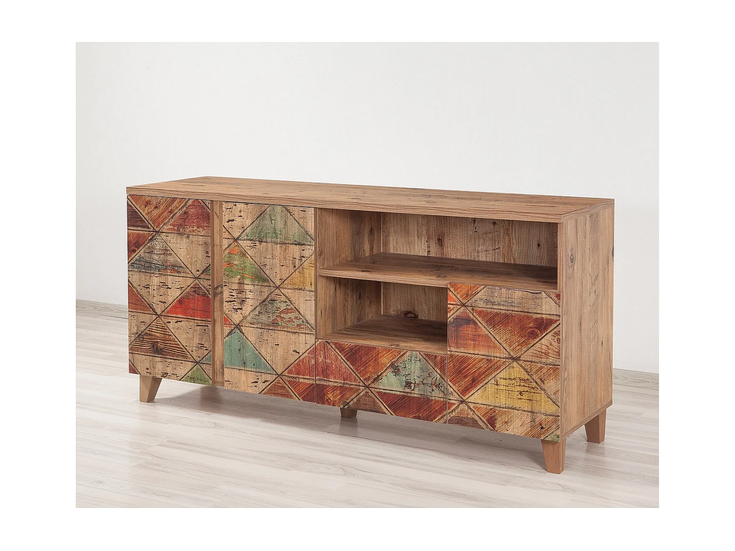 Buffet patchwork bois marron clair avec motifs colorés Mastra 160cm