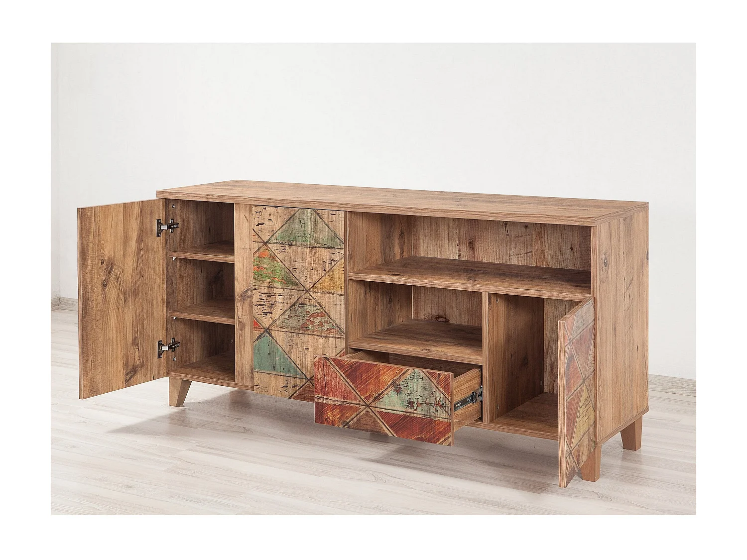 Buffet patchwork bois marron clair avec motifs colorés Mastra 160cm