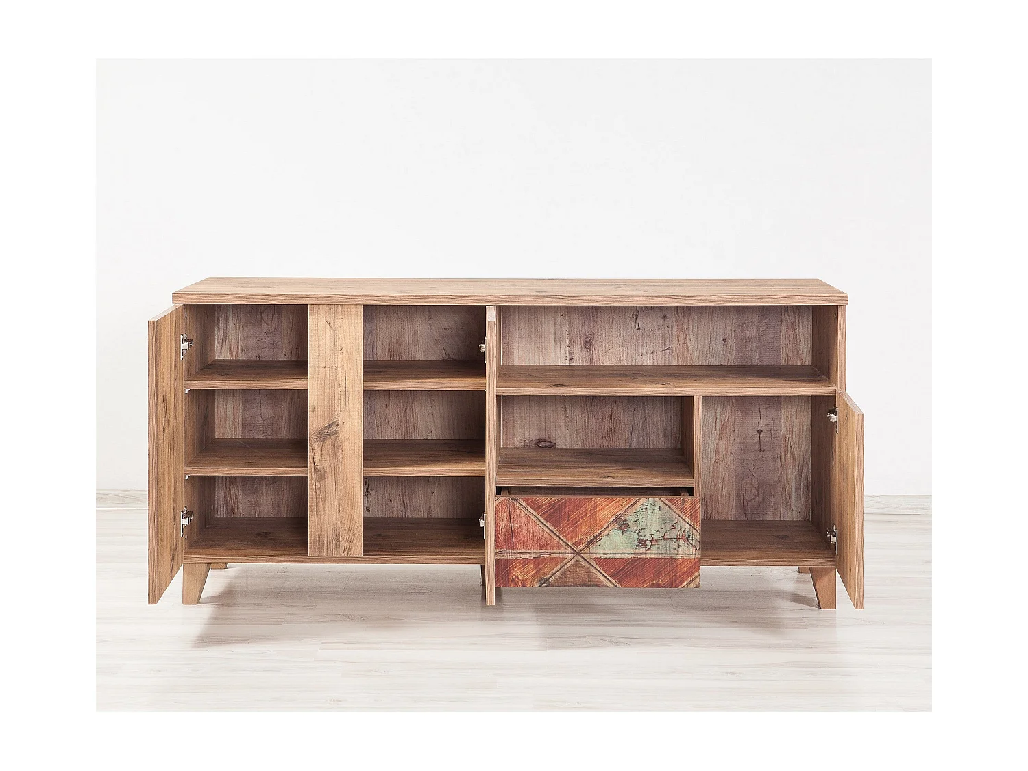 Buffet patchwork bois marron clair avec motifs colorés Mastra 160cm