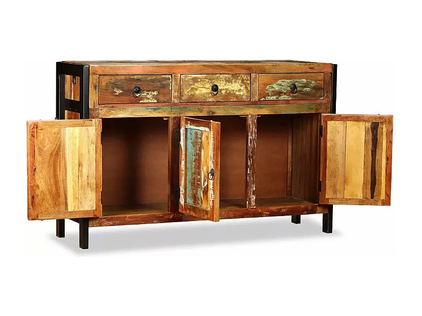 Buffet 3 portes 3 tiroirs Broust 120cm – Bois massif recyclé et métal noir