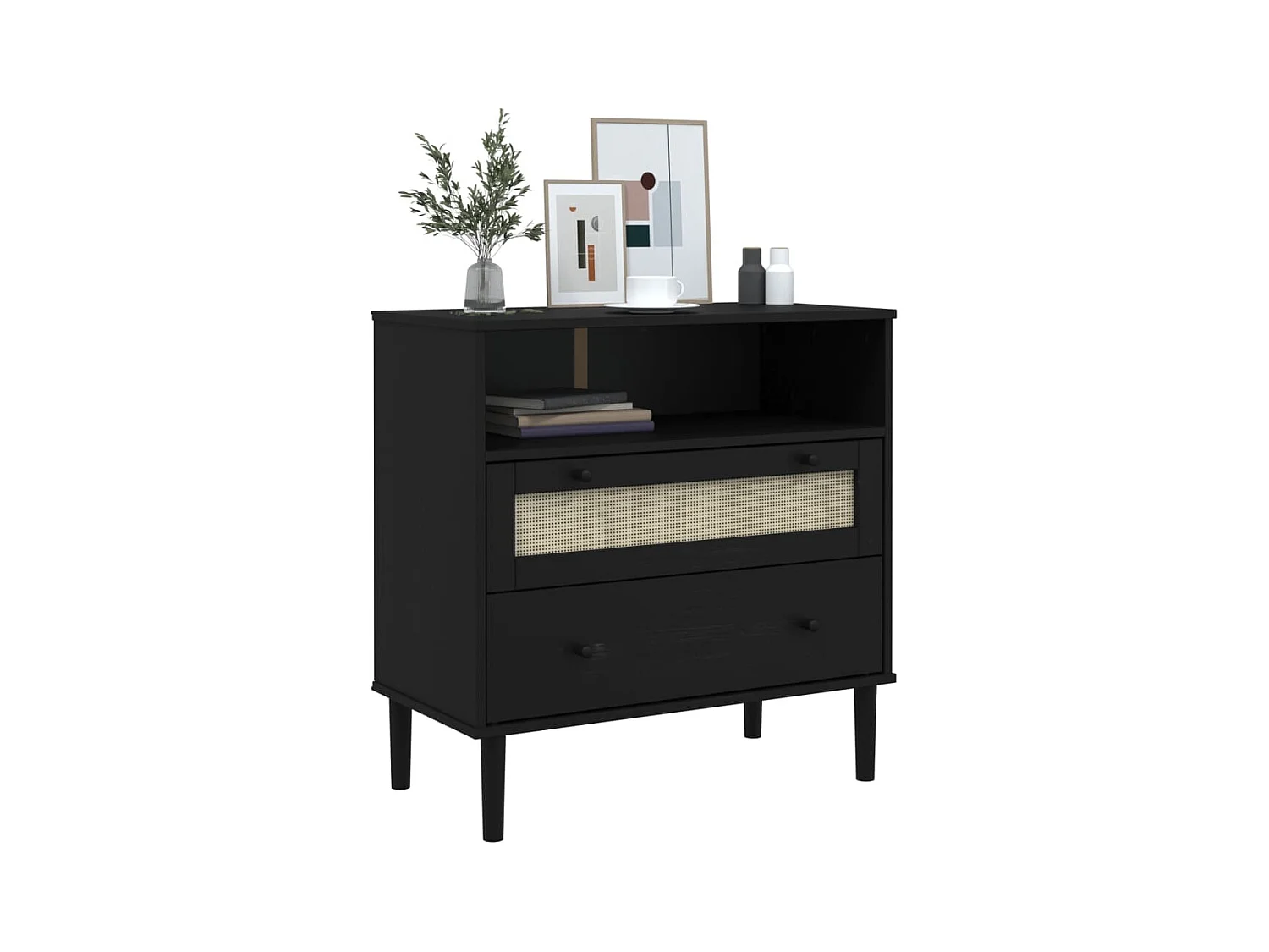 Buffet SENJA aspect rotin noir 80x40x80 bois massif de pin