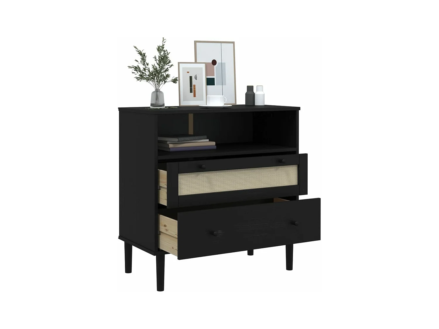 Buffet SENJA aspect rotin noir 80x40x80 bois massif de pin