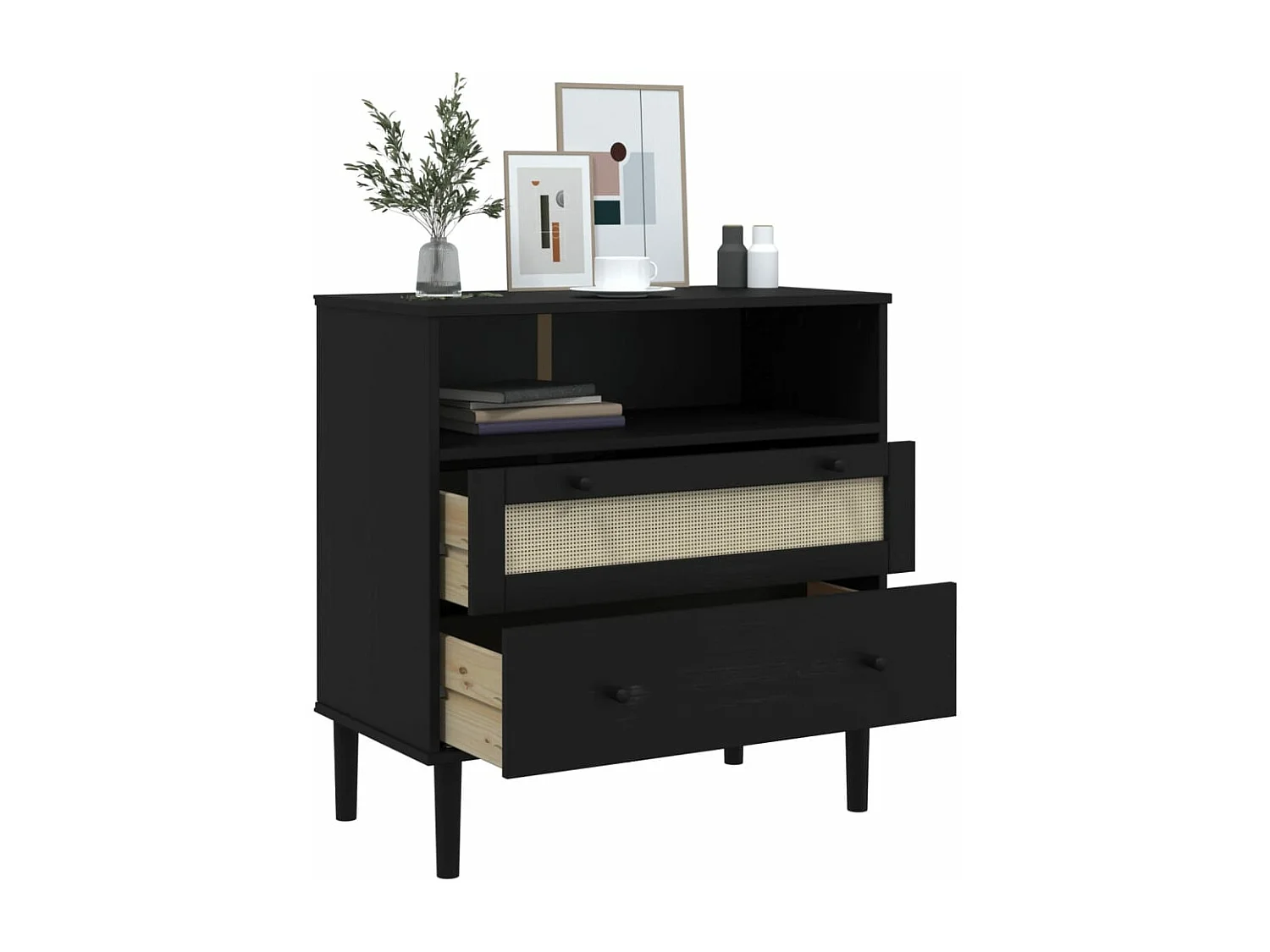 Buffet SENJA aspect rotin noir 80x40x80 bois massif de pin
