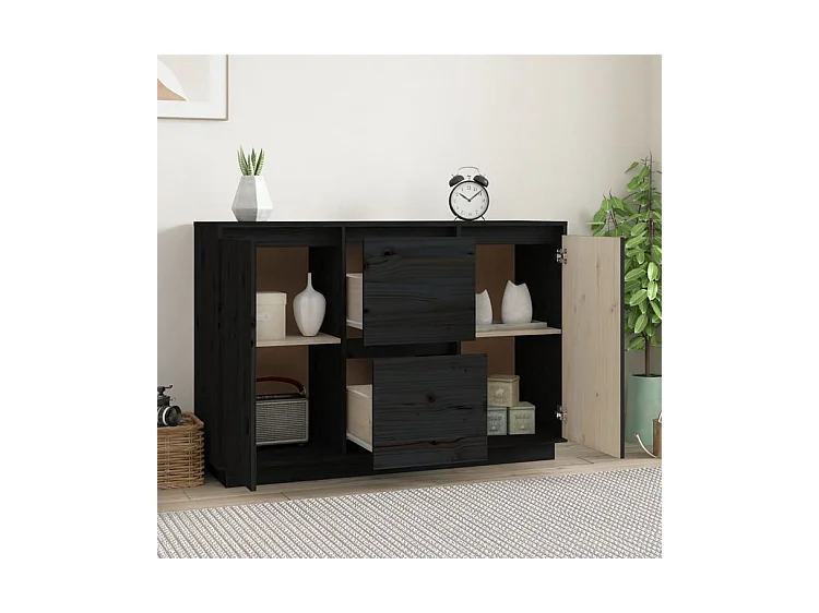 Petit buffet 2 portes 2 tiroirs en bois massif de pin Romane – Style classique et fonctionnel-Couleur Noir