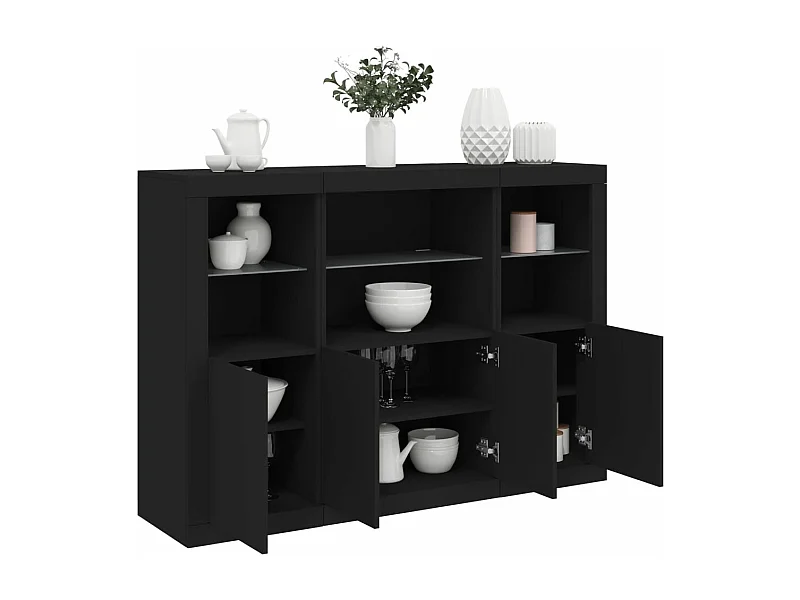 Buffets avec lumières LED 3 pcs noir bois d'ingénierie