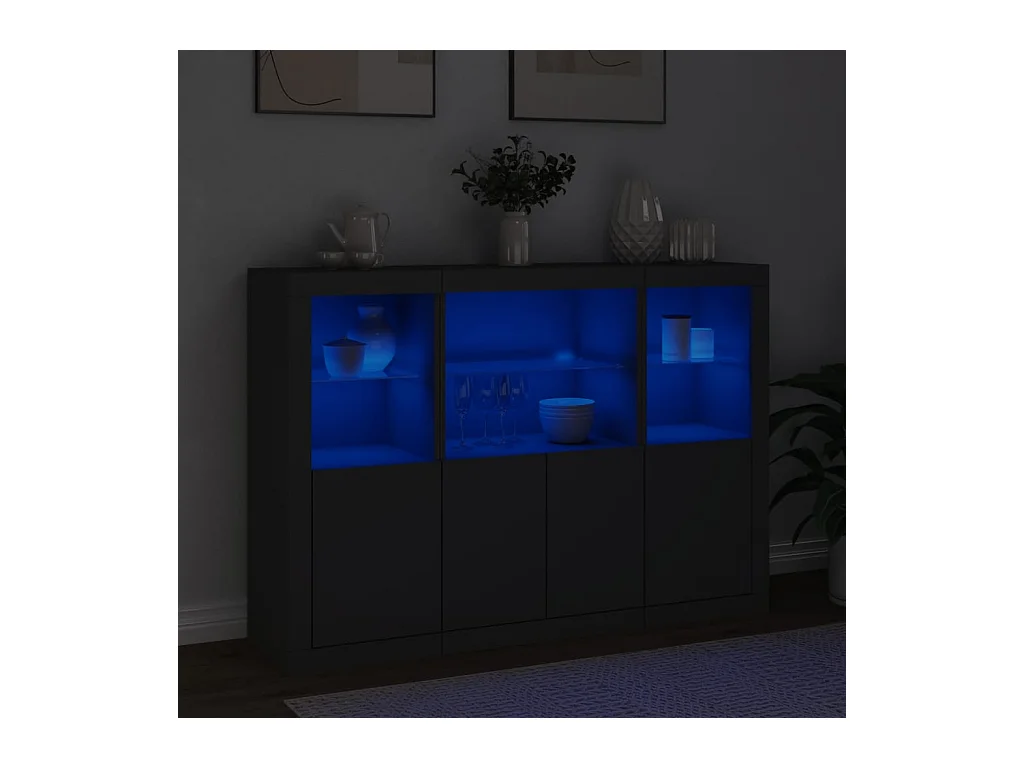 Buffets avec lumières LED 3 pcs noir bois d'ingénierie