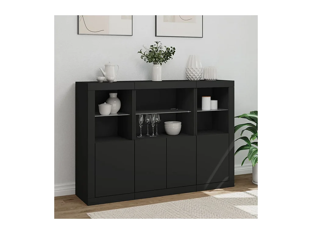 Buffets avec lumières LED 3 pcs noir bois d'ingénierie
