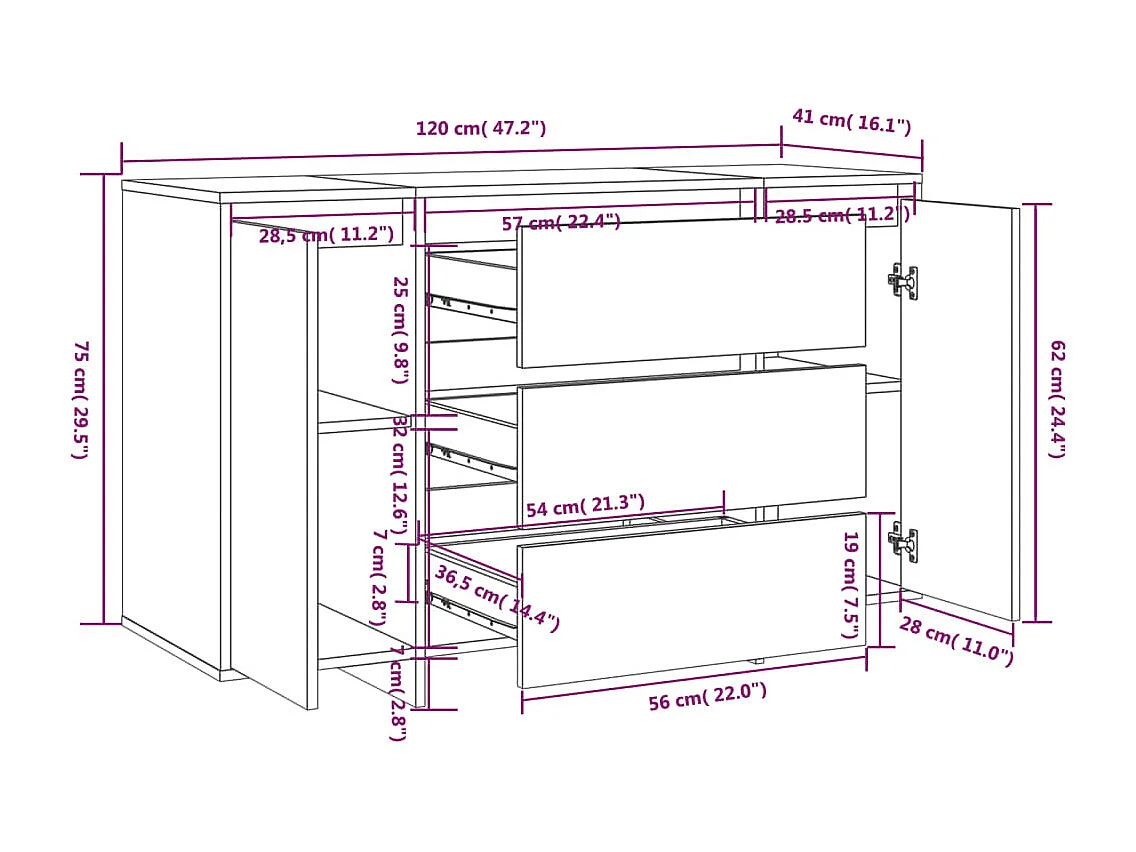 Petit buffet 2 portes 3 tiroirs 120cm – Modèle Camko-Couleur Blanc