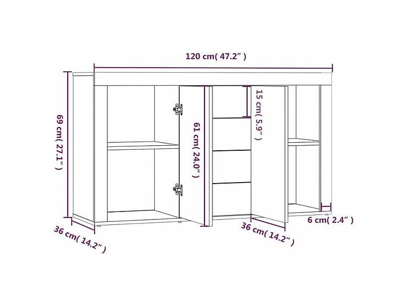 Petit buffet 2 portes 4 tiroirs 120cm – Modèle Takino-Couleur Marron fumé