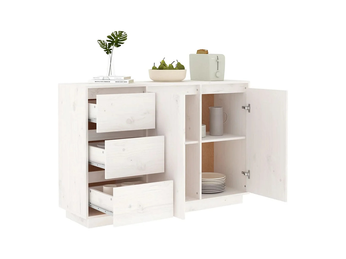 Petit buffet 2 portes 3 tiroirs en bois massif de pin Romane – Style classique et fonctionnel-Couleur Blanc