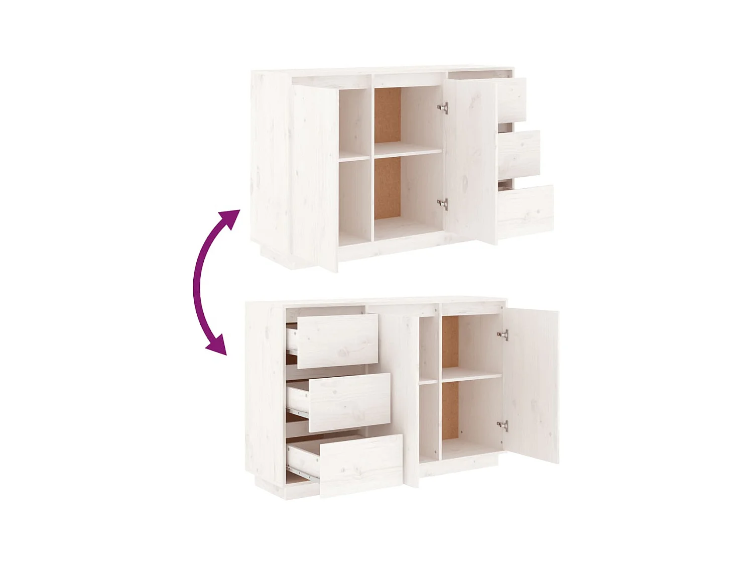 Petit buffet 2 portes 3 tiroirs en bois massif de pin Romane – Style classique et fonctionnel-Couleur Blanc