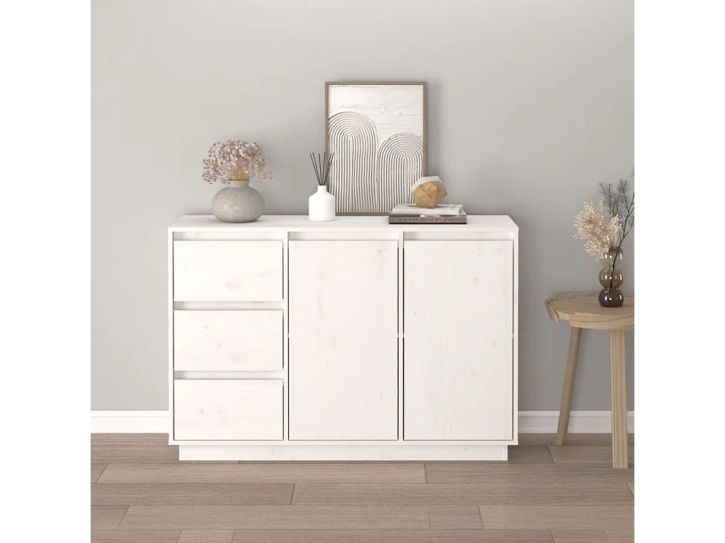 Petit buffet 2 portes 3 tiroirs en bois massif de pin Romane – Style classique et fonctionnel-Couleur Blanc