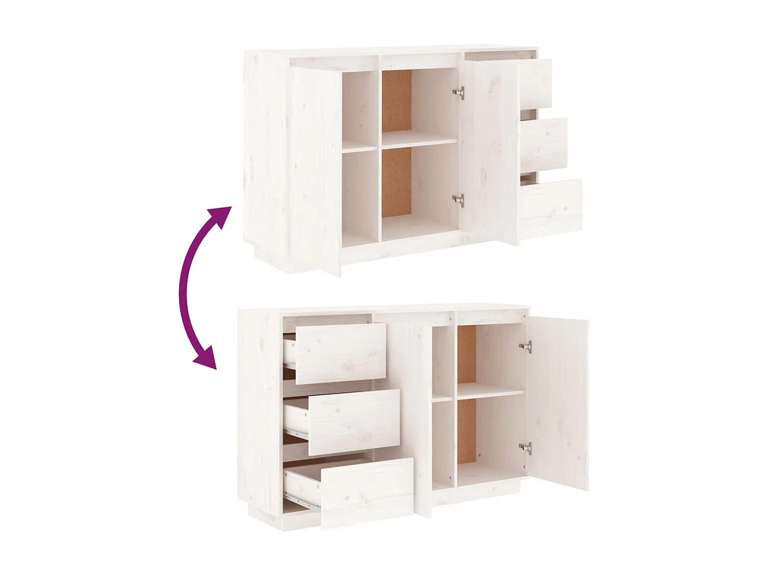 Petit buffet 2 portes 3 tiroirs en bois massif de pin Romane – Style classique et fonctionnel-Couleur Blanc