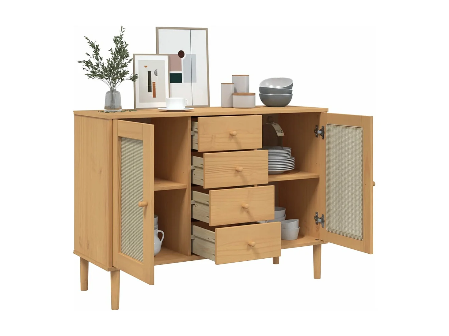 Buffet SENJA aspect rotin marron 112x40x80 bois massif de pin