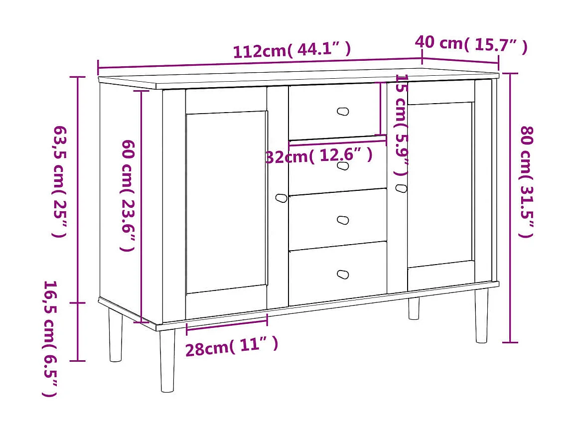 Buffet SENJA aspect rotin marron 112x40x80 bois massif de pin
