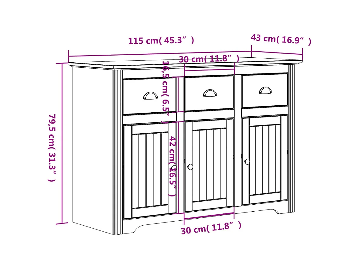 Buffet BODO blanc 115x43x79,5 bois massif de pin