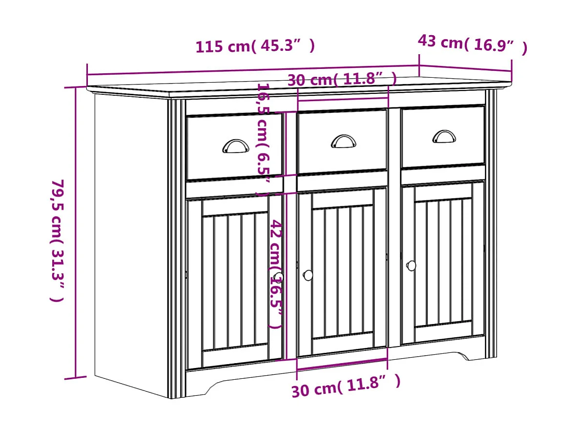 Buffet BODO blanc 115x43x79,5 bois massif de pin