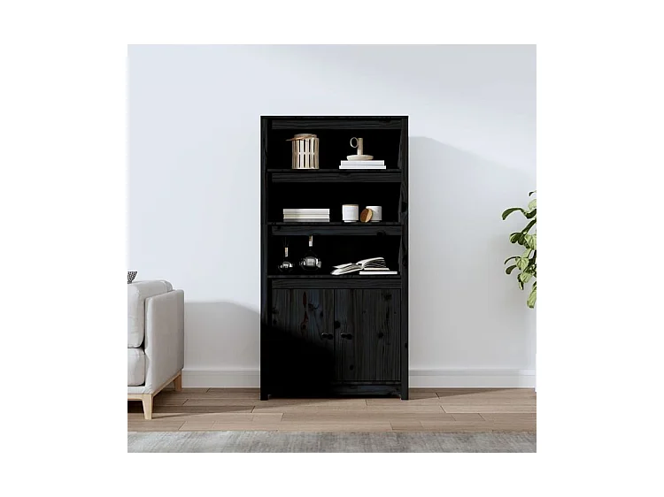 Buffet haut Noir 80x35x154 Bois massif de pin