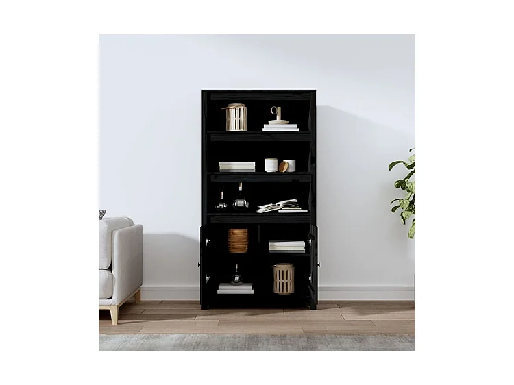 Buffet haut Noir 80x35x154 Bois massif de pin