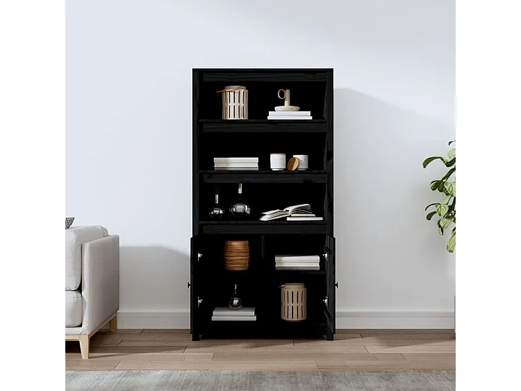 Buffet haut Noir 80x35x154 Bois massif de pin