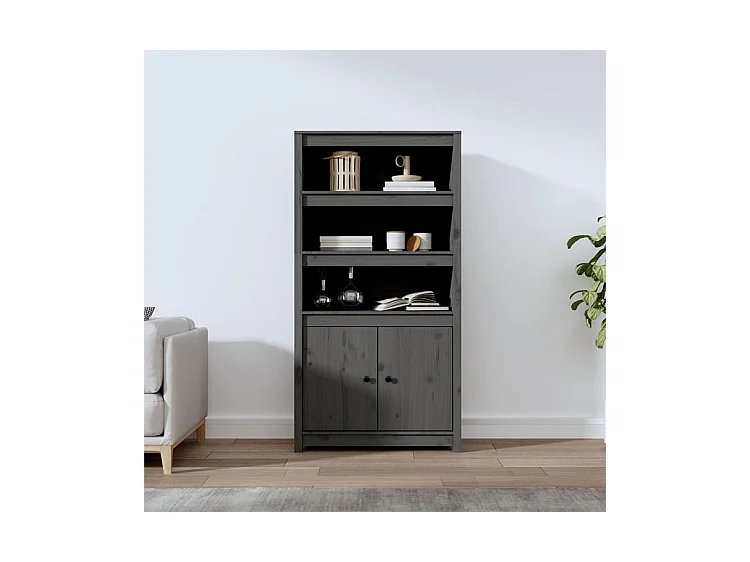 Buffet haut Gris 80x35x154 Bois massif de pin