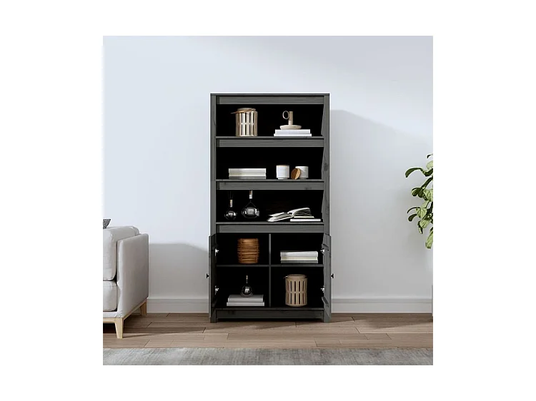 Buffet haut Gris 80x35x154 Bois massif de pin