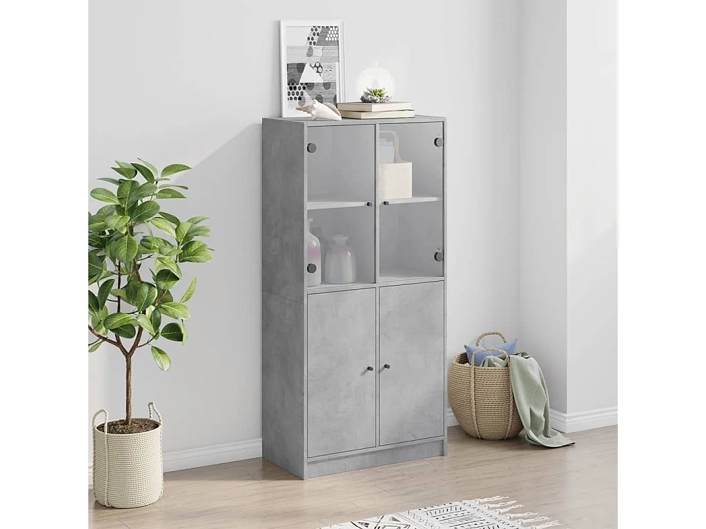 Buffet haut avec portes gris béton 68x37x142 bois ingénierie