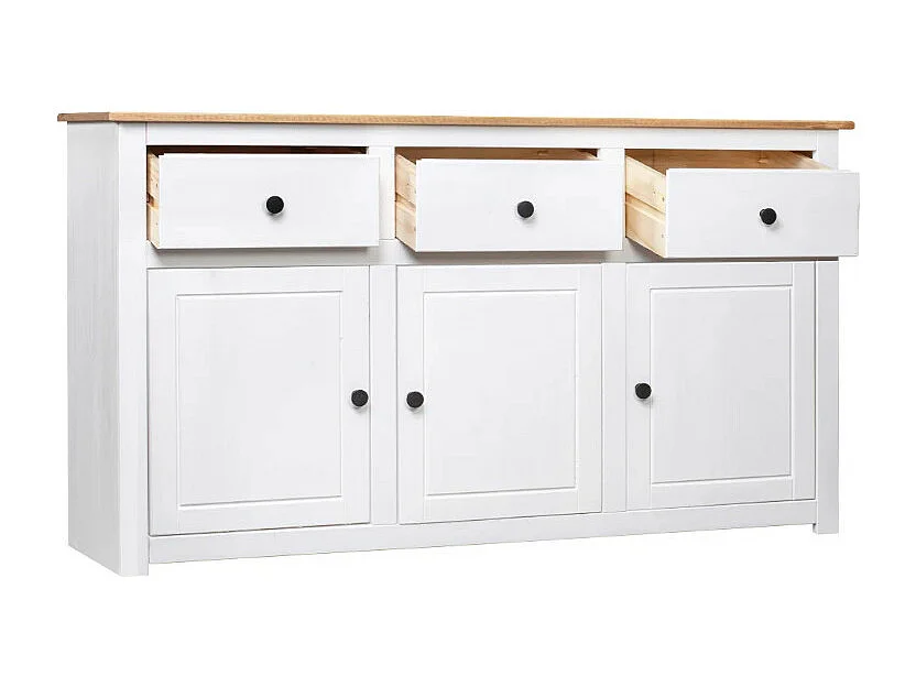 Buffet 3 portes 3 tiroirs en bois de pin massif Autika 135cm – Élégance rustique et praticité-Couleur Blanc