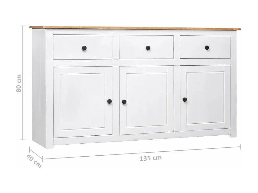 Buffet 3 portes 3 tiroirs en bois de pin massif Autika 135cm – Élégance rustique et praticité-Couleur Blanc