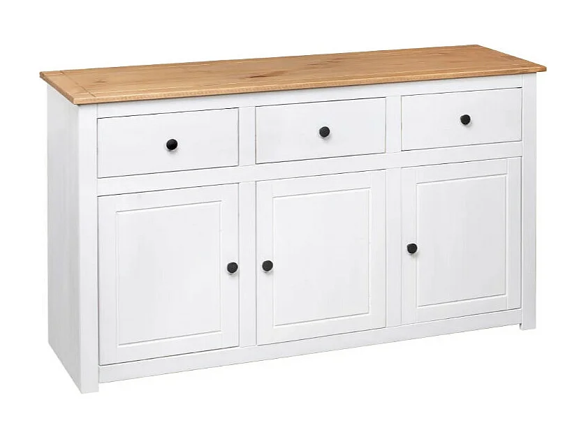 Buffet 3 portes 3 tiroirs en bois de pin massif Autika 135cm – Élégance rustique et praticité-Couleur Blanc