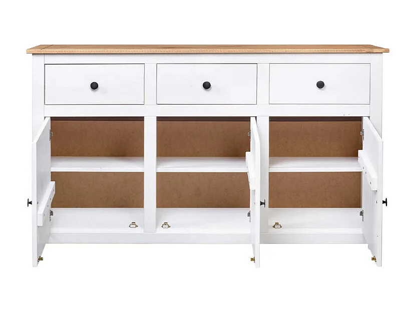 Buffet 3 portes 3 tiroirs en bois de pin massif Autika 135cm – Élégance rustique et praticité-Couleur Blanc
