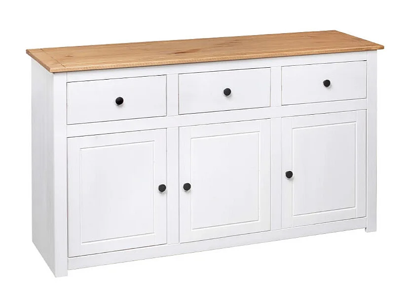 Buffet 3 portes 3 tiroirs en bois de pin massif Autika 135cm – Élégance rustique et praticité-Couleur Blanc
