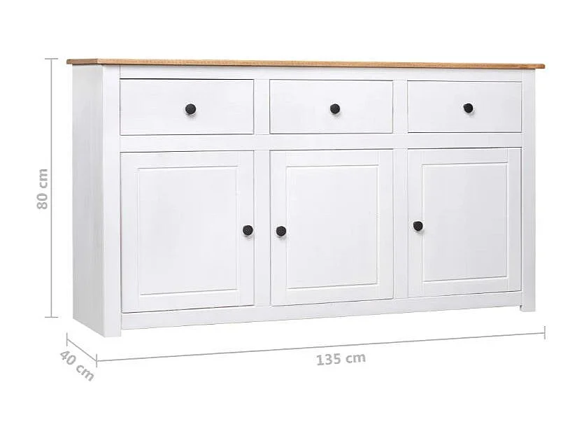 Buffet 3 portes 3 tiroirs en bois de pin massif Autika 135cm – Élégance rustique et praticité-Couleur Blanc