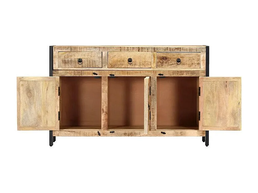 Buffet 3 portes 3 tiroirs manguier massif clair et métal noir Stracco