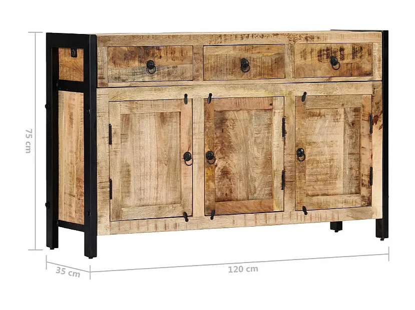 Buffet 3 portes 3 tiroirs manguier massif clair et métal noir Stracco