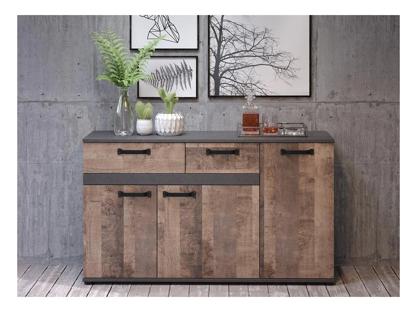 Buffet 3 deuren 2 laden bruin en grijs melamine Florence L 142 cm