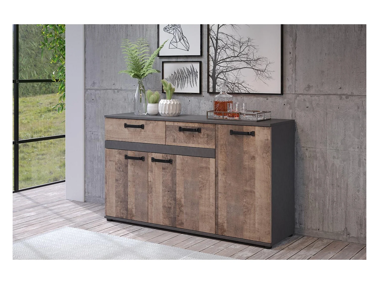Buffet 3 deuren 2 laden bruin en grijs melamine Florence L 142 cm