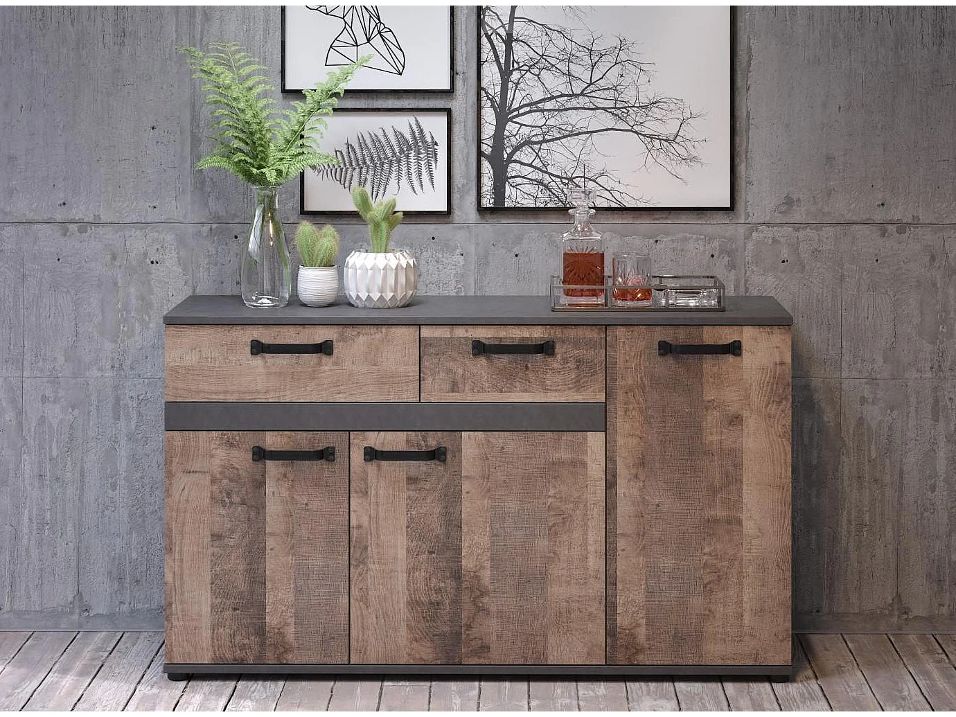 Buffet 3 portes 2 tiroirs marron et gris mélaminé Florence L 142cm