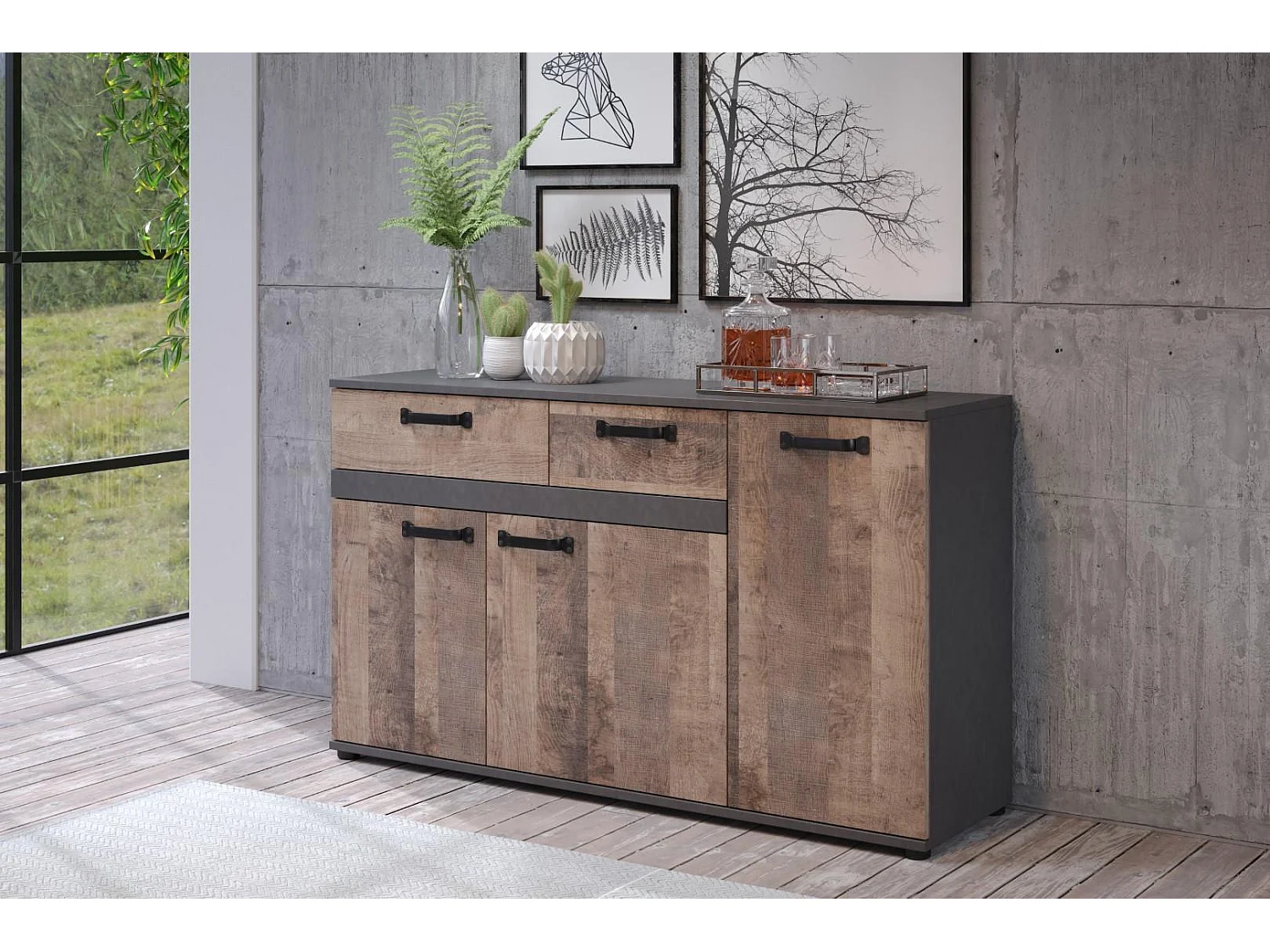 Buffet 3 portes 2 tiroirs marron et gris mélaminé Florence L 142cm