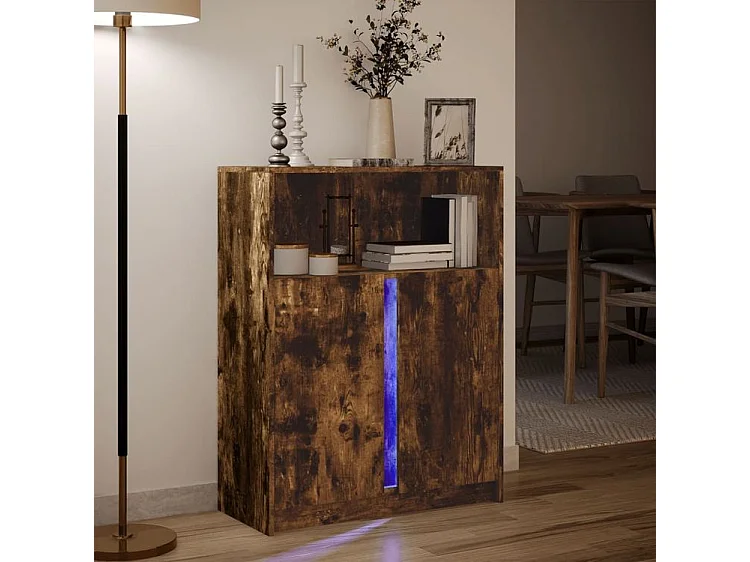 Buffet avec LED chêne fumé 77x34x100 bois d'ingénierie