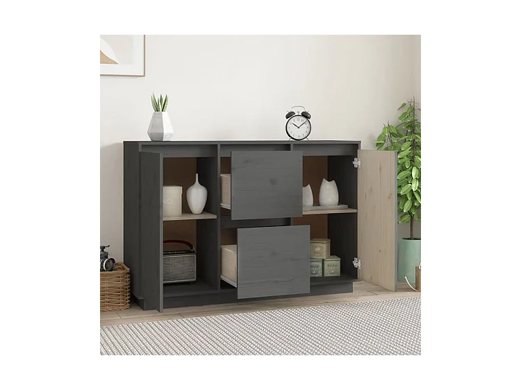 Petit buffet 2 portes 2 tiroirs en bois massif de pin Romane – Style classique et fonctionnel-Couleur Gris