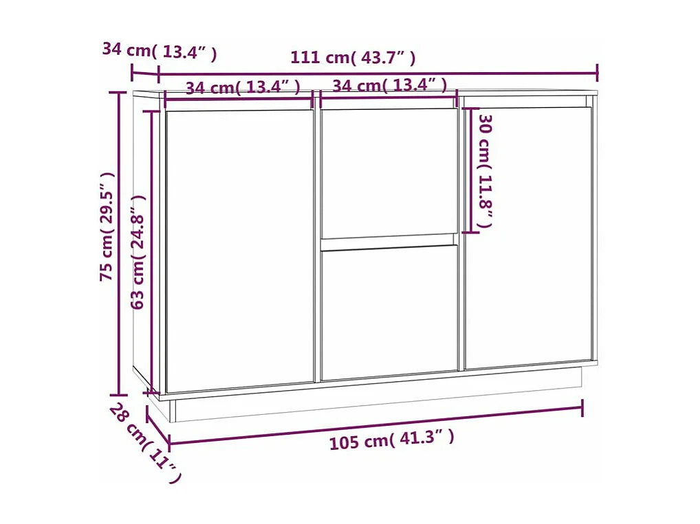 Petit buffet 2 portes 2 tiroirs en bois massif de pin Romane – Style classique et fonctionnel-Couleur Gris