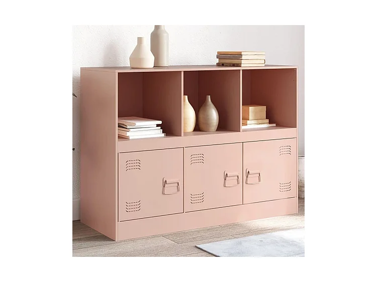 Meuble de rangement 3 portes 3 niches en acier Lazard 99cm - Style Industriel-Couleur Rose clair