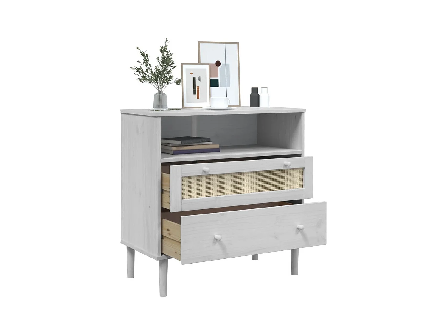 Buffet SENJA aspect rotin blanc 80x40x80 bois massif de pin