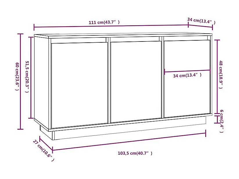 Petit buffet 3 portes en bois massif de pin Romane – Style classique et fonctionnel-Couleur Blanc